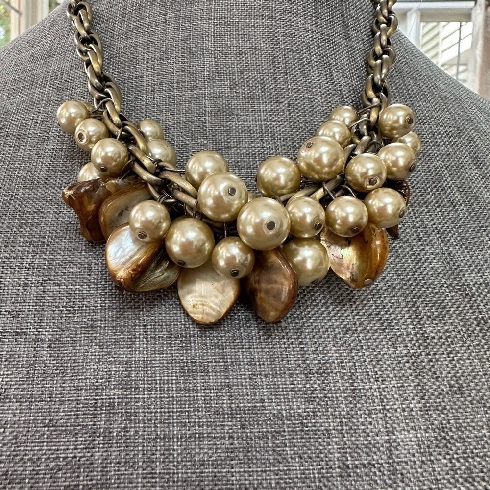 Antique Gold Pearl & Shell Necklace Handmade Jewelry Statement Party Festive